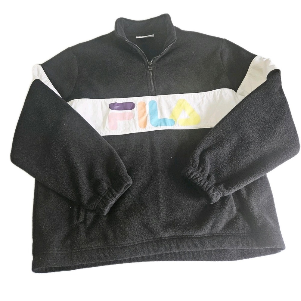 Fila 1/4 Zip Pullover Fleece Sweater Black Color Logo Womens Size XL